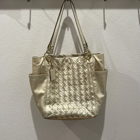 COACH- North South Metallic Woven Leather Gold Leather Shoulder Bag Tote F17099 - Picture 1 of 17